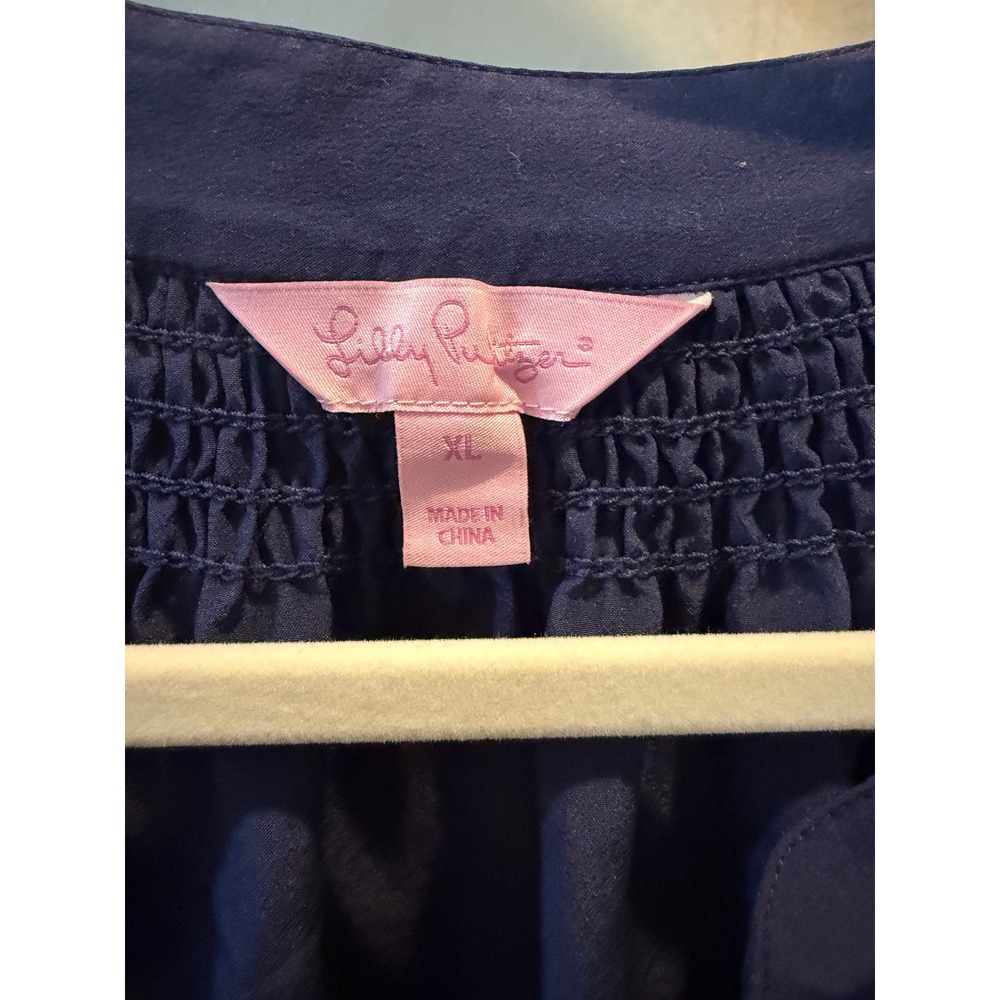 Lilly Pulitzer Navy Blue Smocked ELSA silk blend Blouse Navy XL - Picture 2 of 5